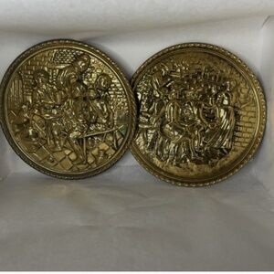 2 Vintage Peerage/Lombard Brass Embossed Wall Hanging Plates - Made In England